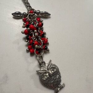 Silver Owl Pendant keychain with Red and Black Beads